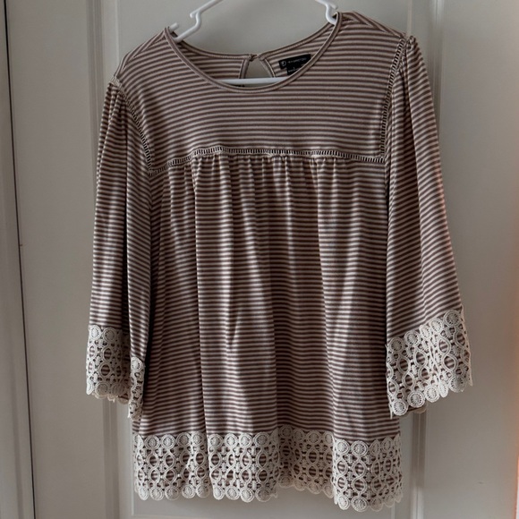 new directions Tops - New Directions Brown Striped Blouse with Lace Trim
